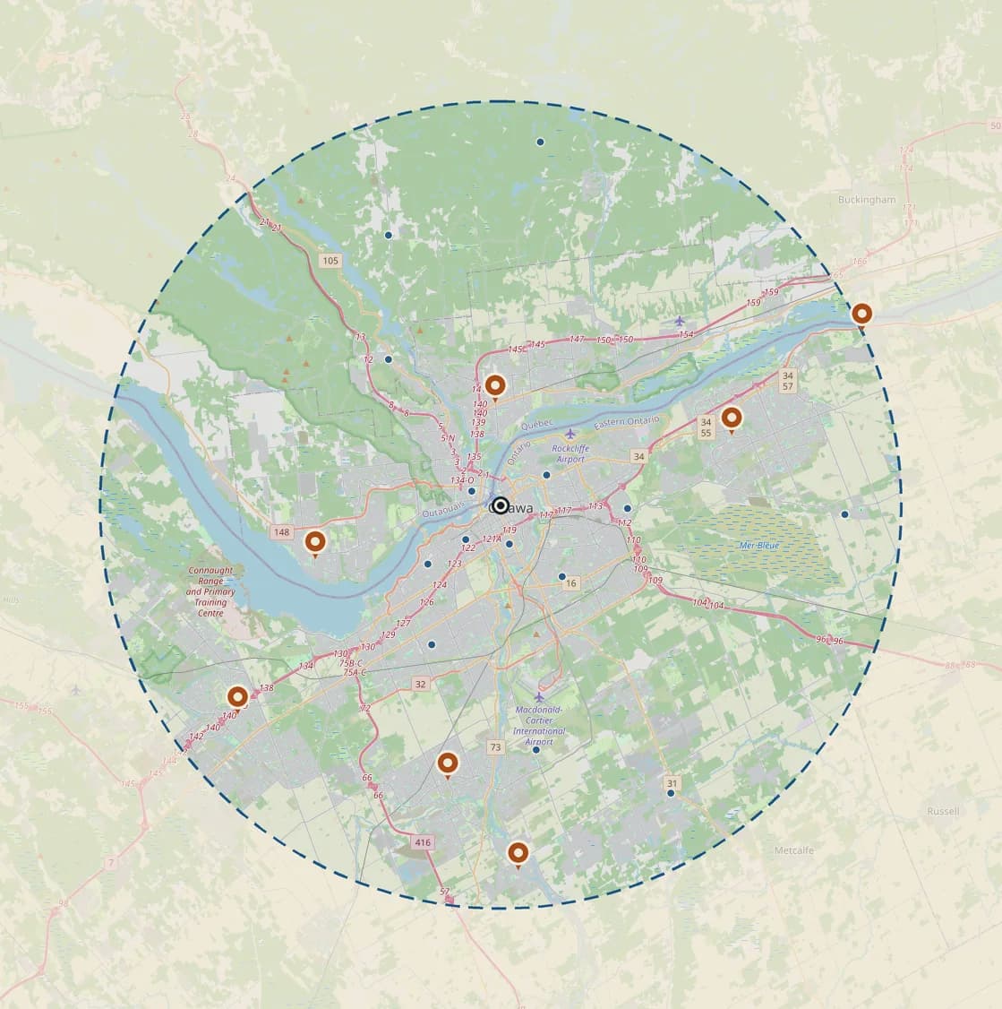Coverage map: about 24 km around downtown Ottawa, reaching Kanata to the west, Manotick and Greely to the south, Cumberland and Navan to the east, and across the Ottawa River into Gatineau, Aylmer, Chelsea and Cantley on the Quebec side.